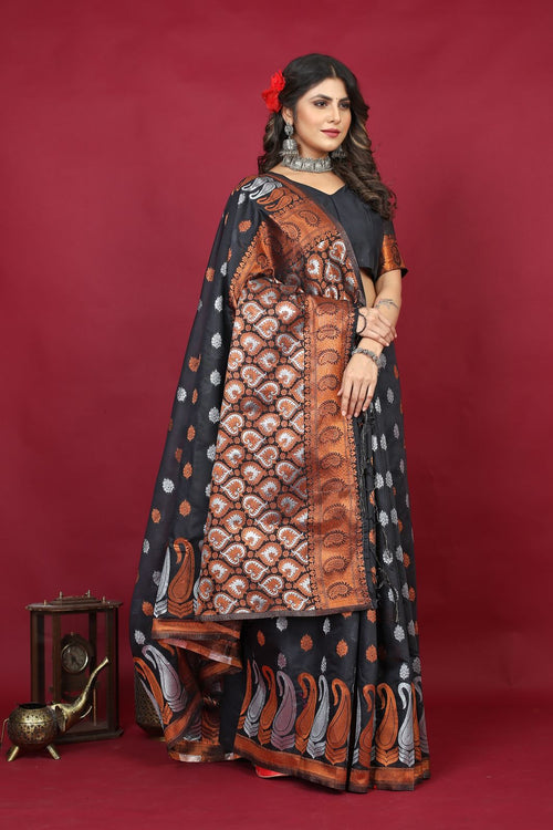 Caviar Black Woven Banarasi Silk Saree – Zari Banaras