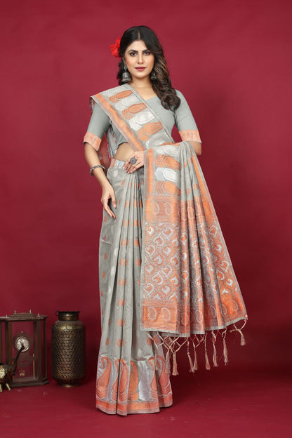 Traditional Grey Linen Silk Saree With Admirable Blouse Piece