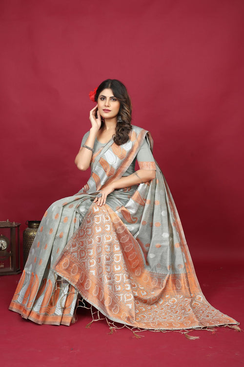 Load image into Gallery viewer, Traditional Grey Linen Silk Saree With Admirable Blouse Piece
