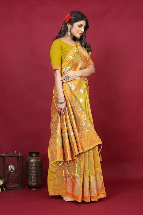 Load image into Gallery viewer, Dalliance Yellow Linen Silk Saree With Beleaguer Blouse Piece
