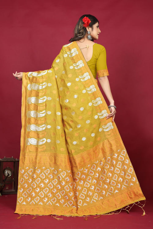 Load image into Gallery viewer, Dalliance Yellow Linen Silk Saree With Beleaguer Blouse Piece
