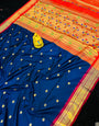 Alluring Navy Blue Paithani Silk Saree With Stylish Blouse Piece