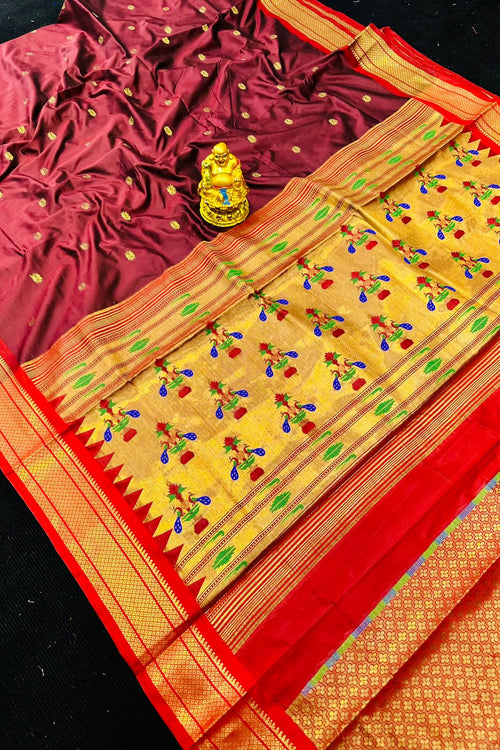 Load image into Gallery viewer, Intricate Wine Paithani Silk Saree With Engrossing Blouse Piece
