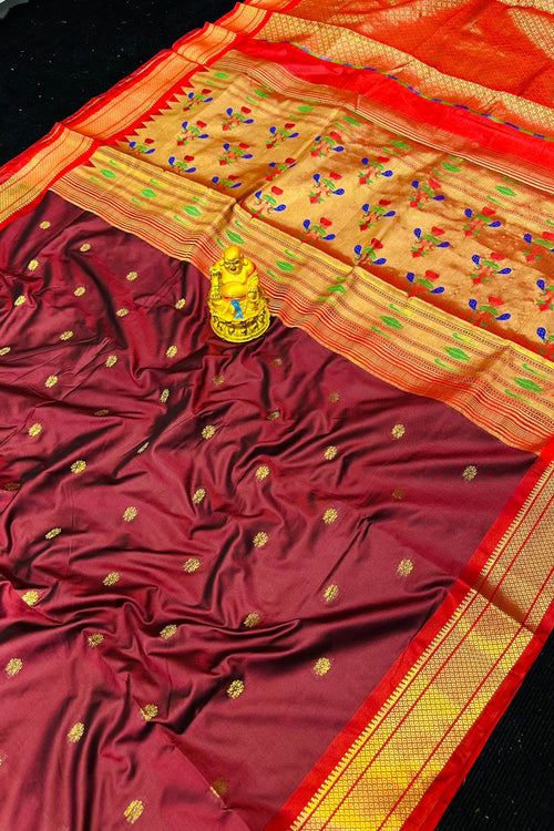 Load image into Gallery viewer, Intricate Wine Paithani Silk Saree With Engrossing Blouse Piece
