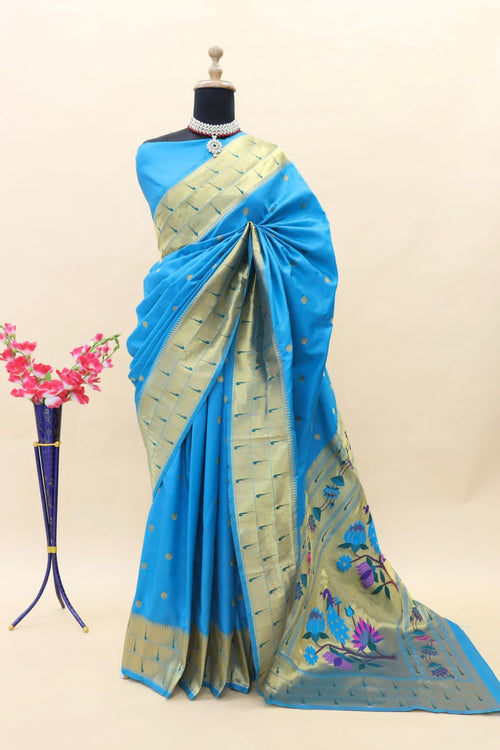 Load image into Gallery viewer, Angelic Firozi Paithani Silk Saree With Moiety Blouse Piece
