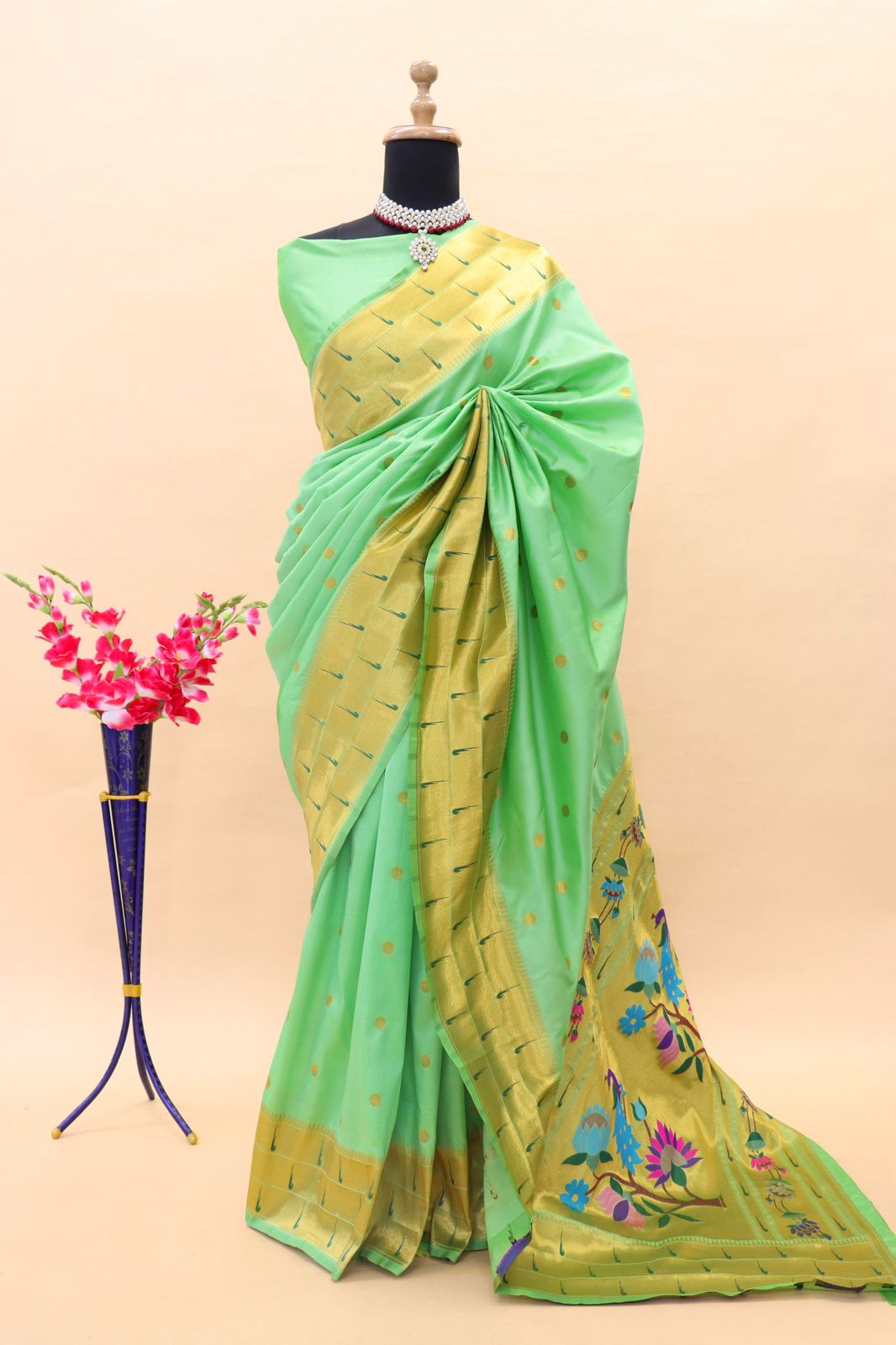 Brood Pista Paithani Silk Saree With Woebegone Blouse Piece