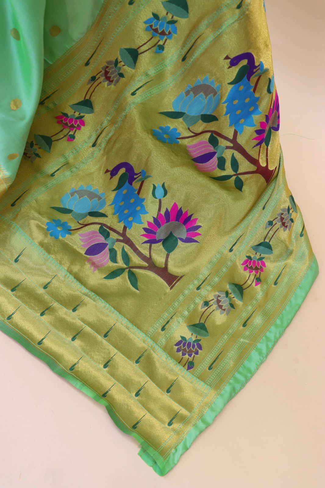 Brood Pista Paithani Silk Saree With Woebegone Blouse Piece