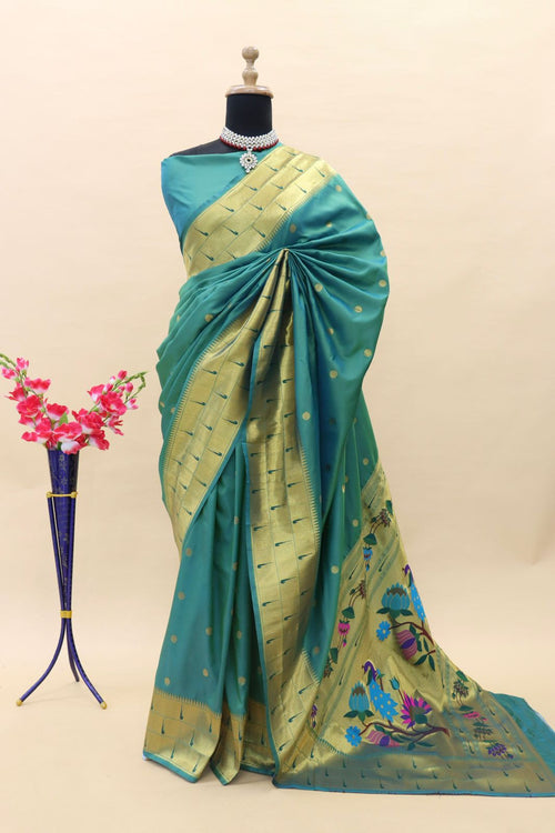 Load image into Gallery viewer, Demure Rama Paithani Silk Saree With Pleasurable Blouse Piece
