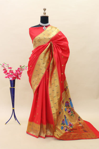 Desultory Red Paithani Silk Saree With Smashing Blouse Piece