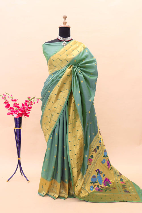 Load image into Gallery viewer, Ephemeral Teal Green Paithani Silk Saree With Fragrant Blouse Piece
