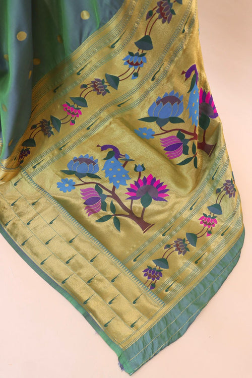 Load image into Gallery viewer, Ephemeral Teal Green Paithani Silk Saree With Fragrant Blouse Piece
