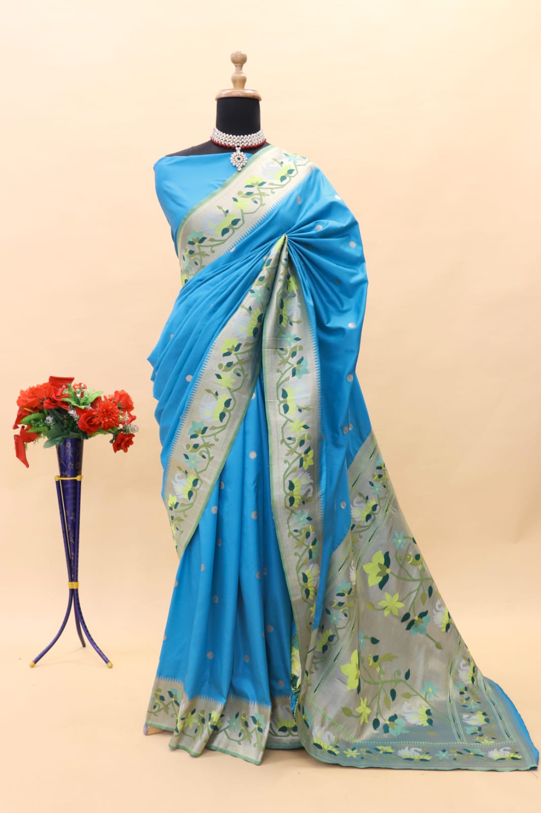 Marvellous Firozi Paithani Silk Saree With Innovative Blouse Piece