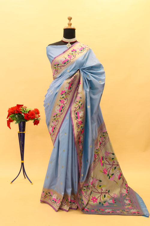 Load image into Gallery viewer, Elegant Grey Paithani Silk Saree With Flattering Blouse Piece
