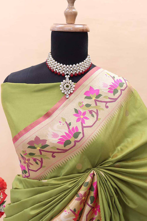 Load image into Gallery viewer, Amazing Mehndi Paithani Silk Saree With Pretty Blouse Piece
