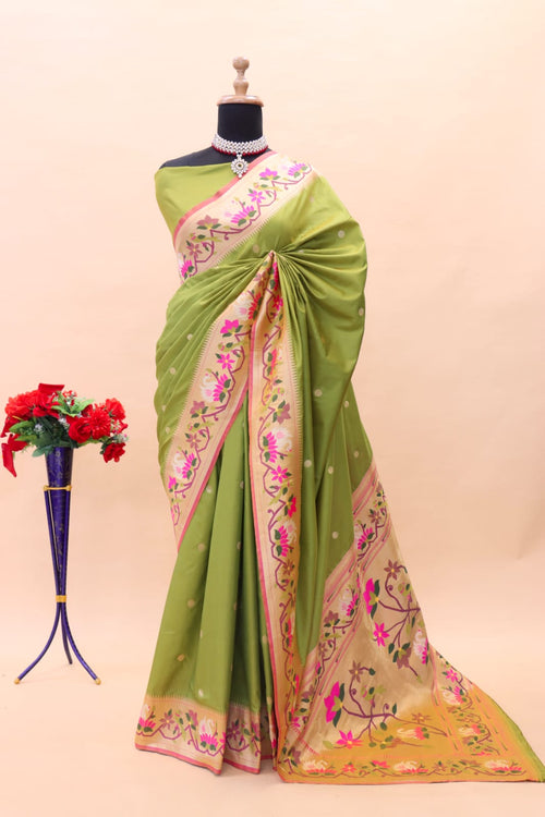 Load image into Gallery viewer, Amazing Mehndi Paithani Silk Saree With Pretty Blouse Piece
