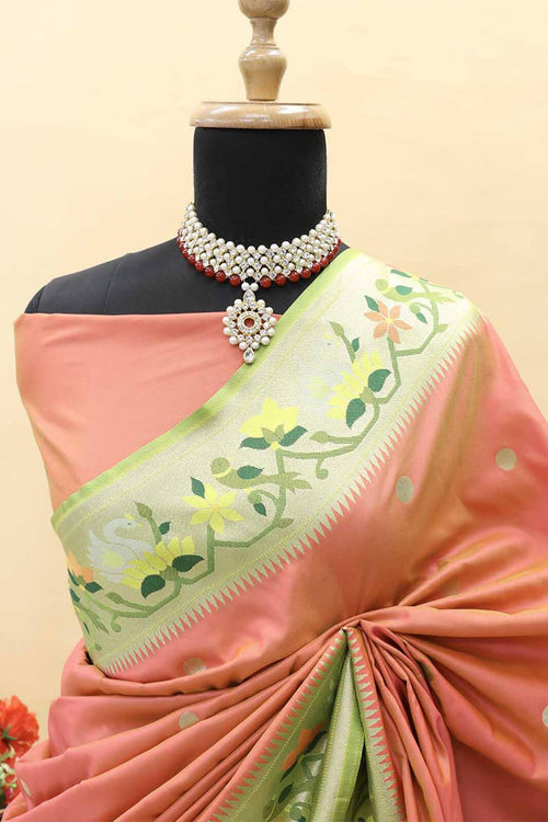 Load image into Gallery viewer, Blooming Peach Paithani Silk Saree With Gleaming Blouse Piece
