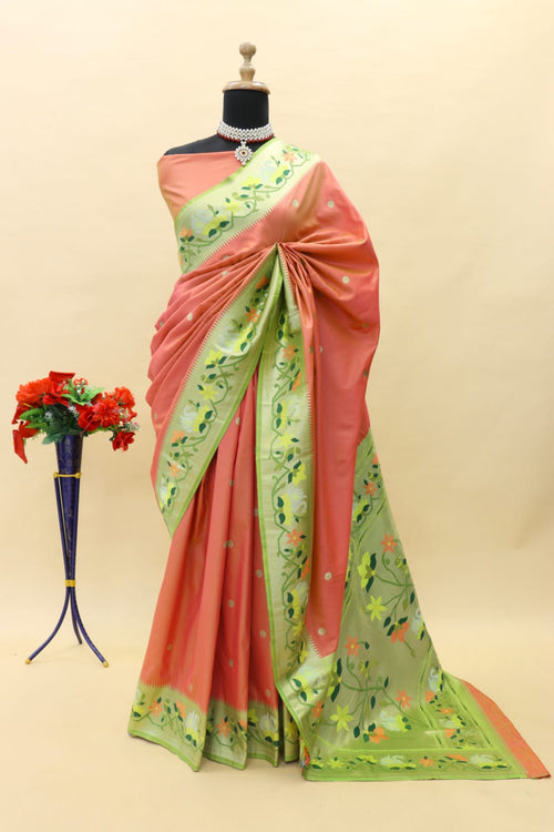 Load image into Gallery viewer, Blooming Peach Paithani Silk Saree With Gleaming Blouse Piece
