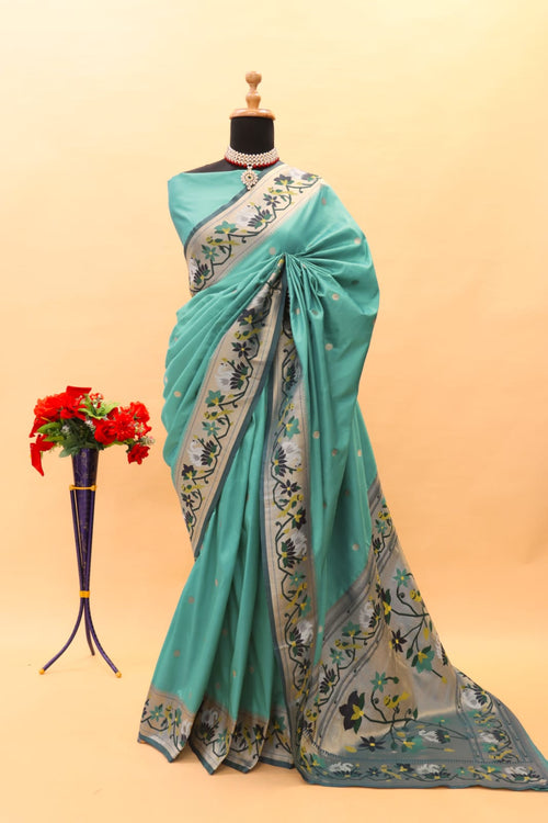 Load image into Gallery viewer, Demanding Sea Green Paithani Silk Saree With Smart Blouse Piece
