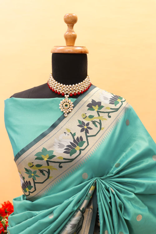 Load image into Gallery viewer, Demanding Sea Green Paithani Silk Saree With Smart Blouse Piece
