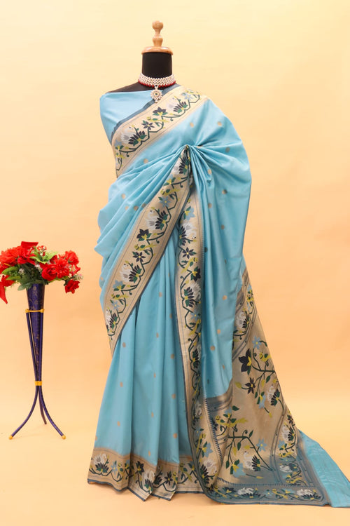 Load image into Gallery viewer, Adorable Sky Paithani Silk Saree With Groovy Blouse Piece
