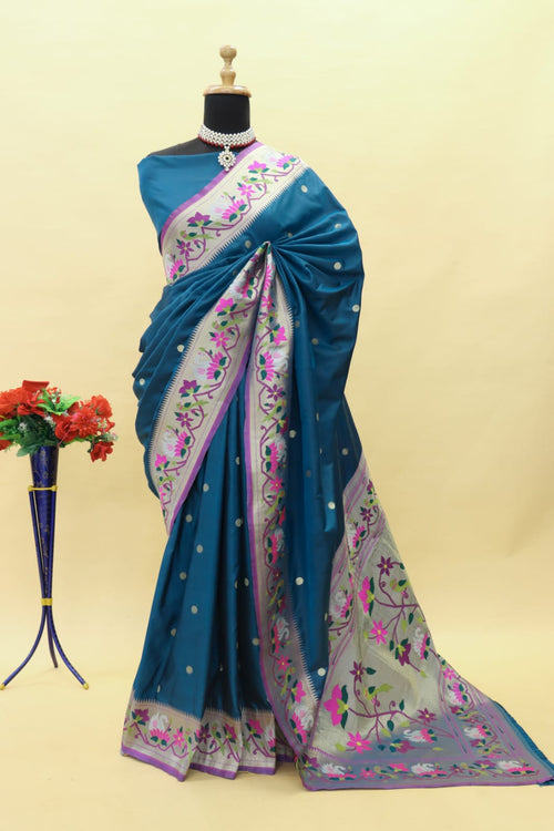 Load image into Gallery viewer, Desirable Teal Blue Paithani Silk Saree With Mesmeric Blouse Piece
