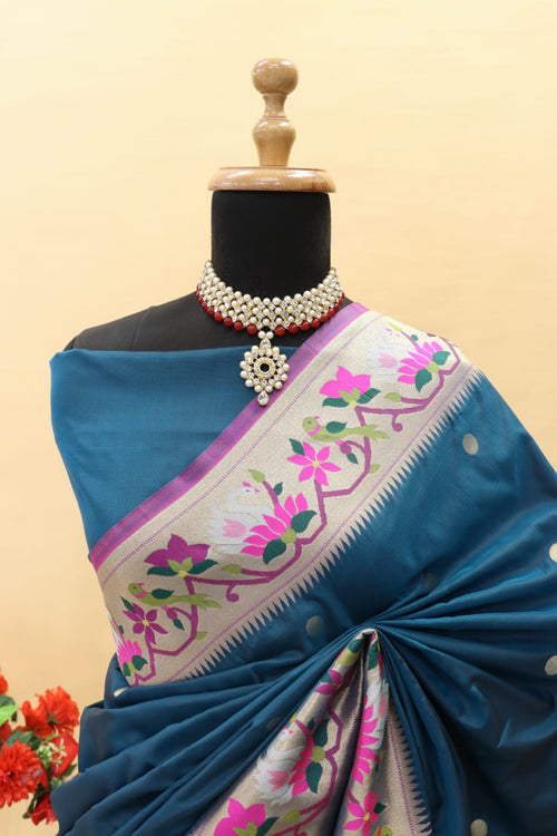 Load image into Gallery viewer, Desirable Teal Blue Paithani Silk Saree With Mesmeric Blouse Piece
