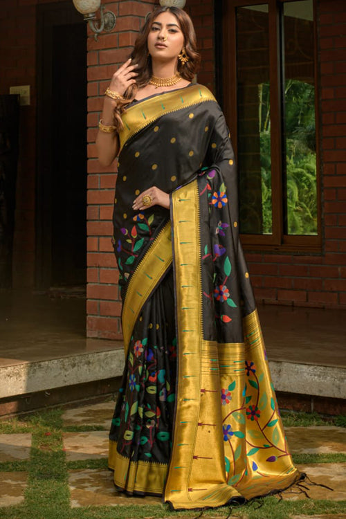 Load image into Gallery viewer, Amazing Black Paithani Silk Saree With Sophisticated Blouse Piece
