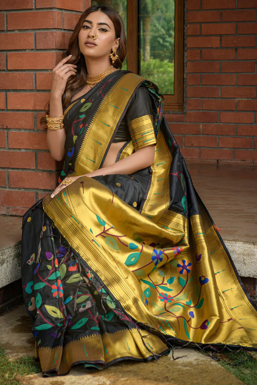 Load image into Gallery viewer, Amazing Black Paithani Silk Saree With Sophisticated Blouse Piece
