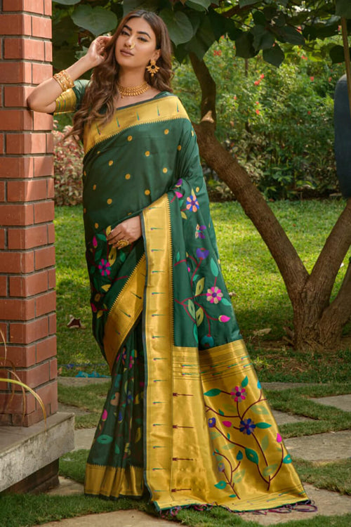 Load image into Gallery viewer, Attractive Dark Green Paithani Silk Saree With Sizzling Blouse Piece
