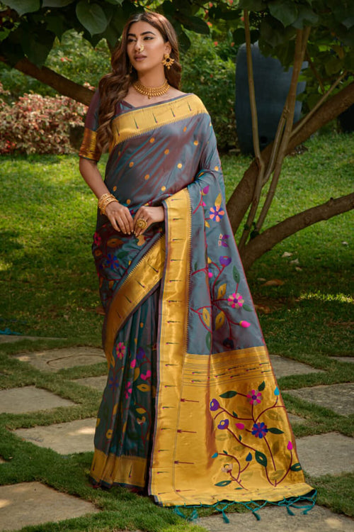 Load image into Gallery viewer, Alluring Grey Paithani Silk Saree With Dazzling Blouse Piece
