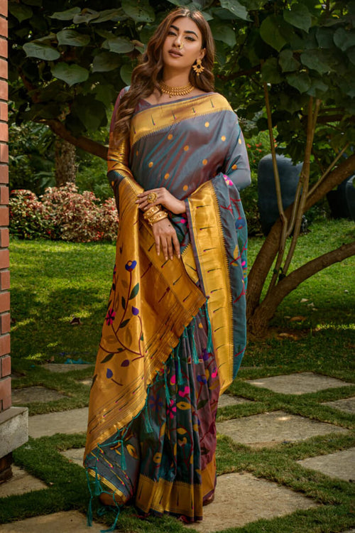 Load image into Gallery viewer, Alluring Grey Paithani Silk Saree With Dazzling Blouse Piece
