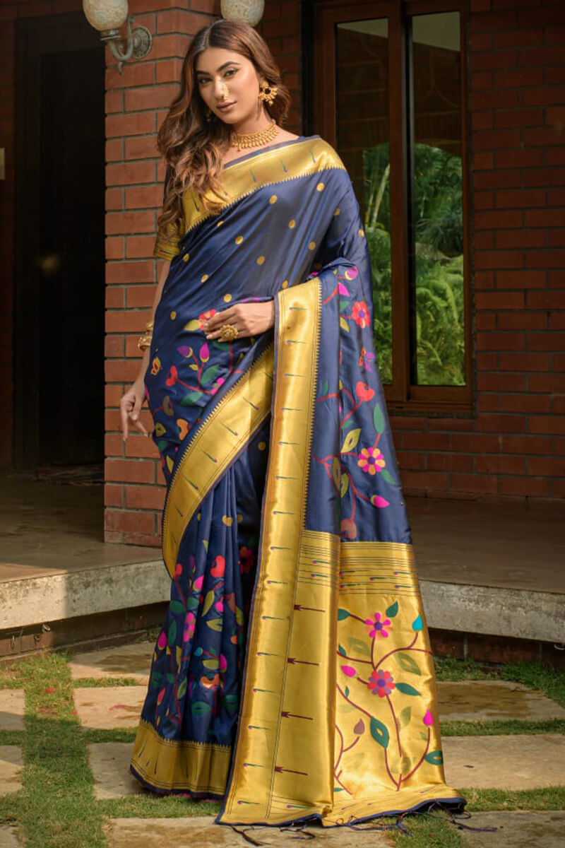 Invaluable Navy Blue Paithani Silk Saree With Girlish Blouse Piece