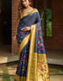 Invaluable Navy Blue Paithani Silk Saree With Girlish Blouse Piece