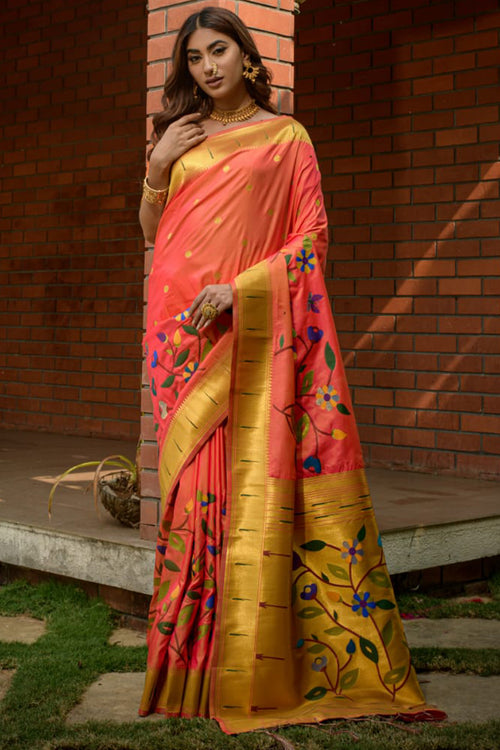 Load image into Gallery viewer, Outstanding Peach Paithani Silk Saree With Eye-catching Blouse Piece
