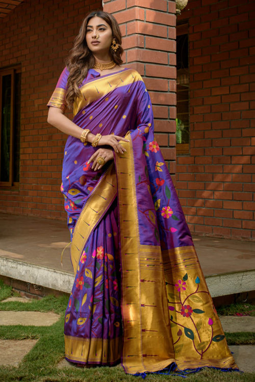 Load image into Gallery viewer, Designer Purple Paithani Silk Saree With Surpassing Blouse Piece
