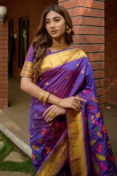 Load image into Gallery viewer, Designer Purple Paithani Silk Saree With Surpassing Blouse Piece
