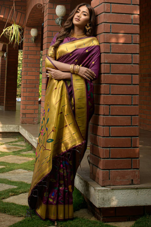 Load image into Gallery viewer, Desiring Wine Paithani Silk Saree With Appealing Blouse Piece
