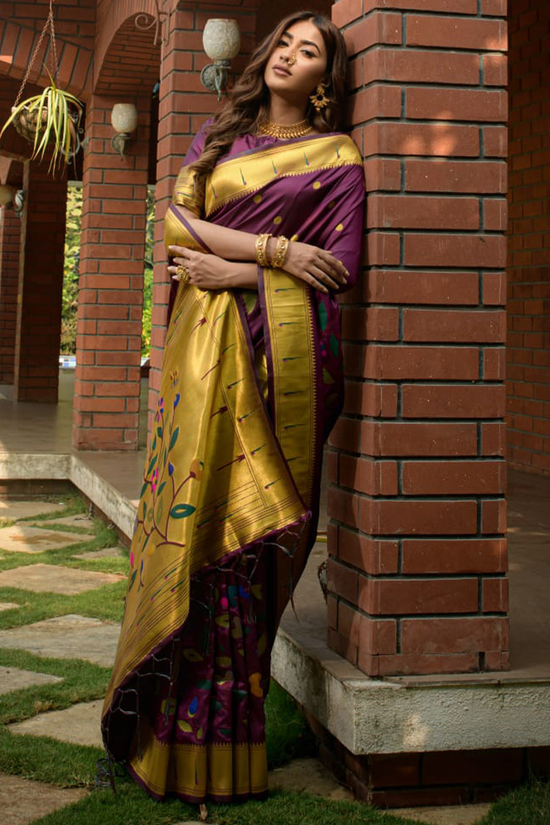 Desiring Wine Paithani Silk Saree With Appealing Blouse Piece