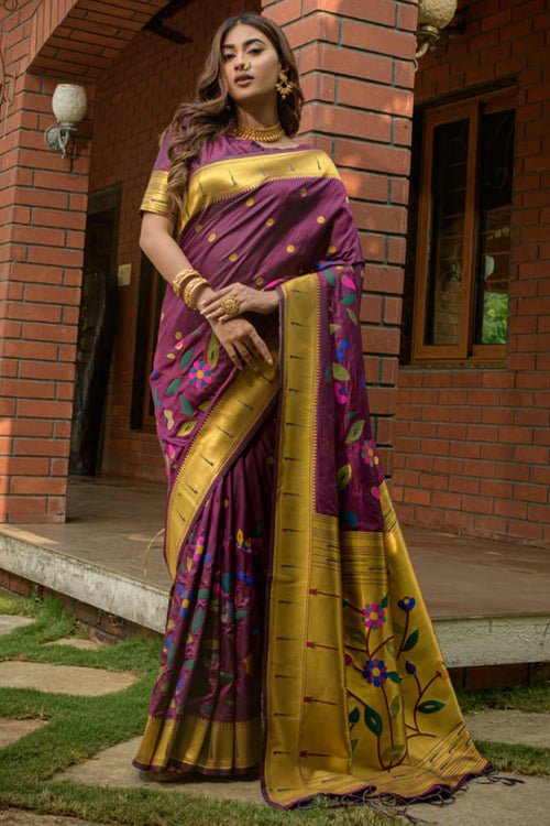 Load image into Gallery viewer, Desiring Wine Paithani Silk Saree With Appealing Blouse Piece
