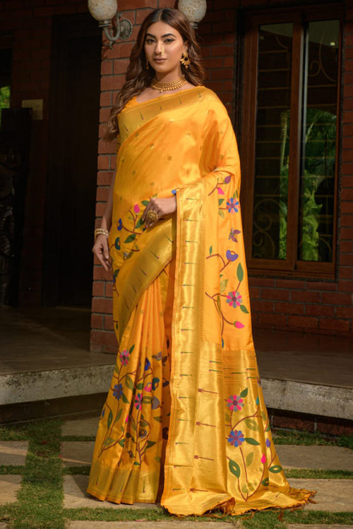 Load image into Gallery viewer, Ethnic Yellow Paithani Silk Saree With Breathtaking Blouse Piece
