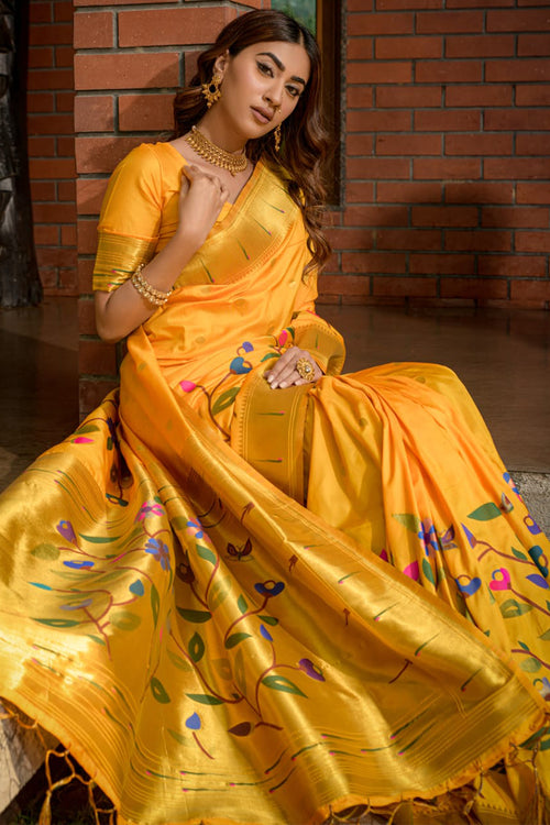 Load image into Gallery viewer, Ethnic Yellow Paithani Silk Saree With Breathtaking Blouse Piece
