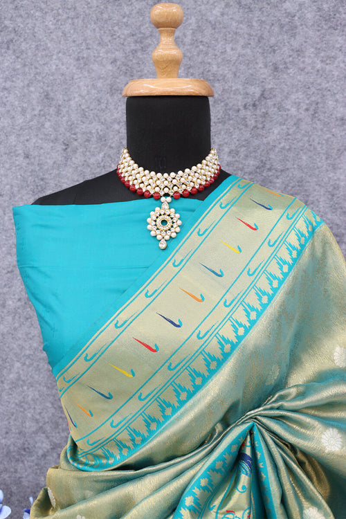 Load image into Gallery viewer, Amazing Firozi Paithani Silk Saree With Alluring Blouse Piece
