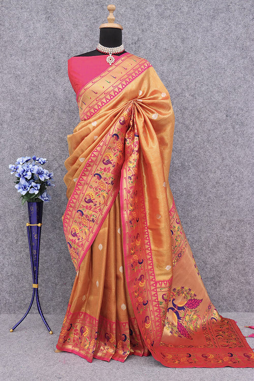 Load image into Gallery viewer, Invaluable Peach Paithani Silk Saree With Glowing Blouse Piece
