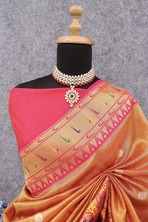 Load image into Gallery viewer, Invaluable Peach Paithani Silk Saree With Glowing Blouse Piece
