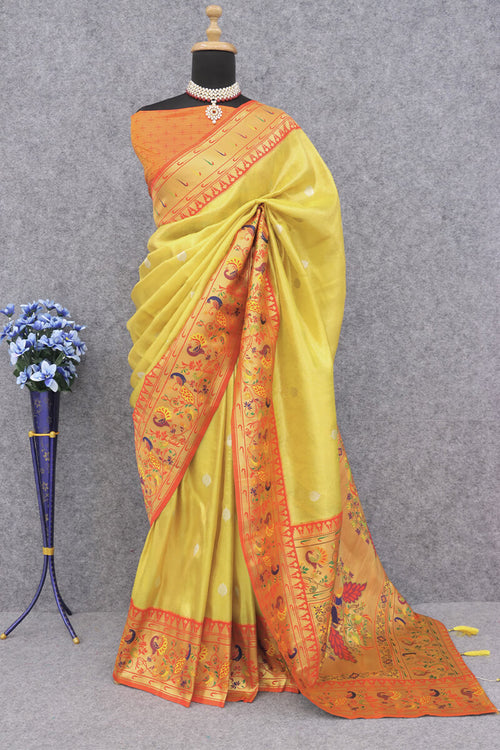 Load image into Gallery viewer, Jazzy Yellow Paithani Silk Saree With Opulent Blouse Piece
