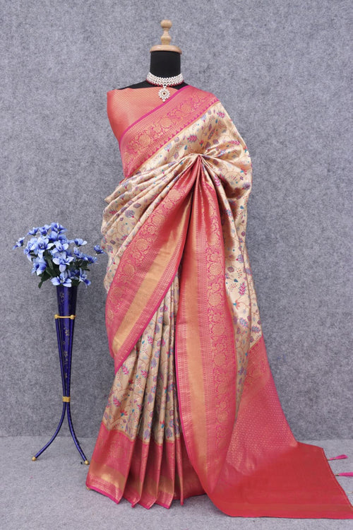 Load image into Gallery viewer, Efflorescence Beige Kanjivaram Silk Saree With Twirling Blouse Piece
