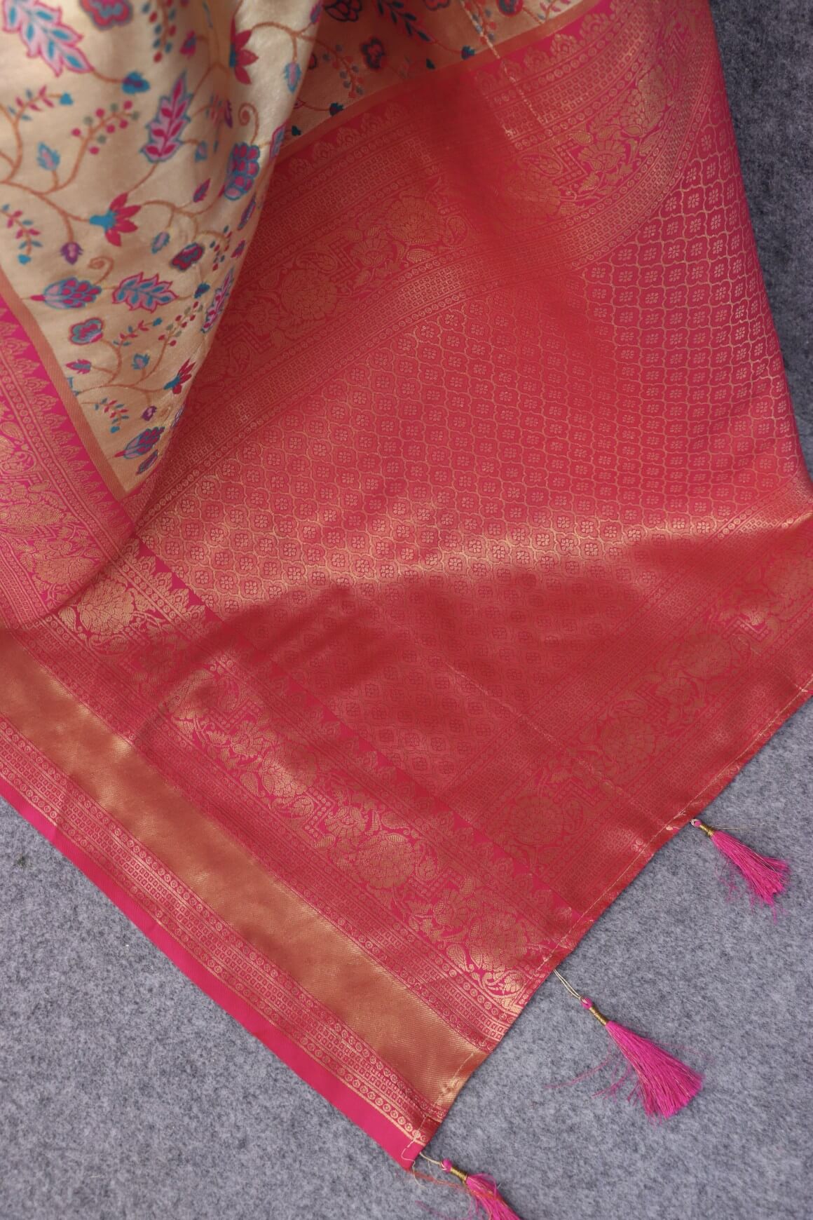 Efflorescence Beige Kanjivaram Silk Saree With Twirling Blouse Piece