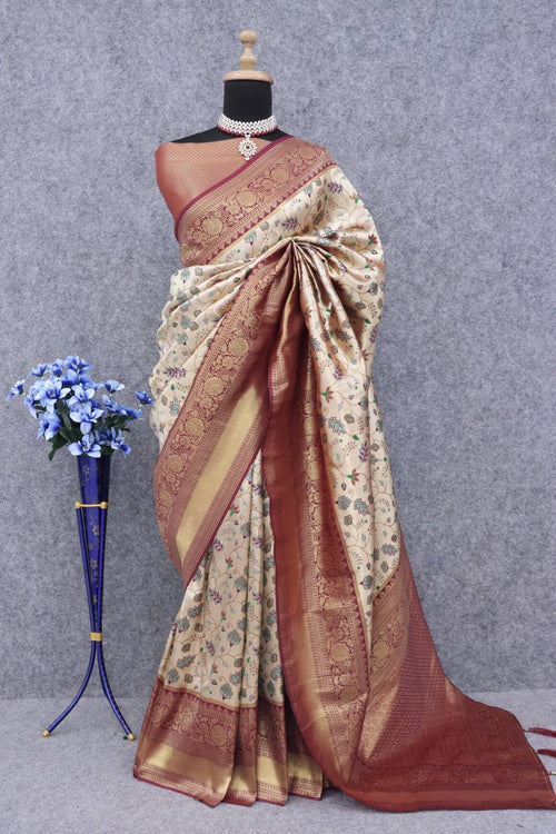 Load image into Gallery viewer, Lissome Beige Kanjivaram Silk Saree With Improbable Blouse Piece
