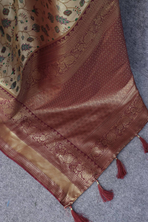 Load image into Gallery viewer, Lissome Beige Kanjivaram Silk Saree With Improbable Blouse Piece
