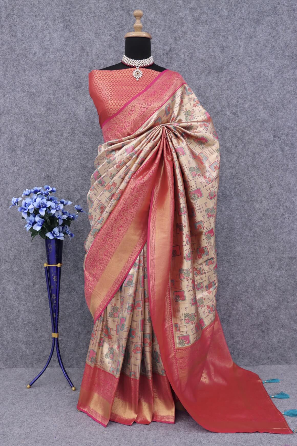 Palimpsest Beige Kanjivaram Silk Saree With Delectable Blouse Piece